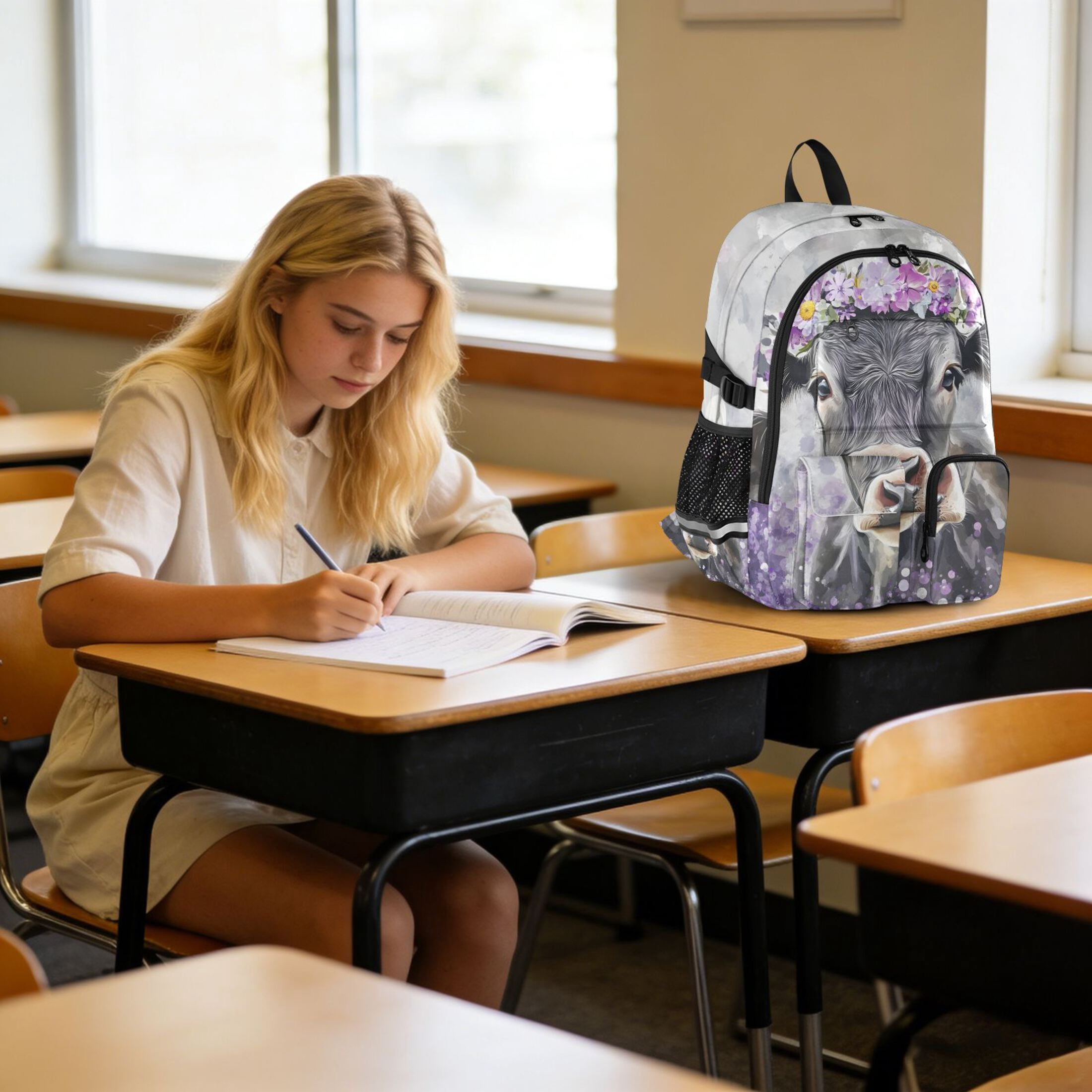 ALAZA Cow Wearing Flower Print Student Backpack School Bookbag Large Laptop Daypack Travel Bag
