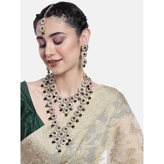 South Indian Bollywood Gold Plated Kundan White & Green Stone Bridal Choker & Long Necklace with Green Pearls, Jhumki Earrings & Maangtikka Jewelry Set