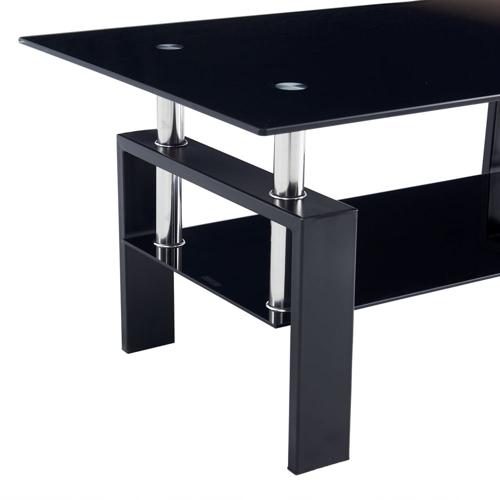 Kepooman Modern Glass Rectangle Center Table with Lower Shelf, Black Kepooman Modern Glass Rectangle Center Table with Lower Shelf, Black