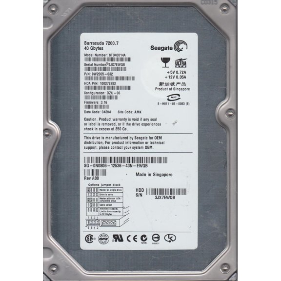 ST340014A, 3JX, AMK, PN 9W2005-032, FW 3.16, Seagate 40GB IDE 3.5 Hard Drive