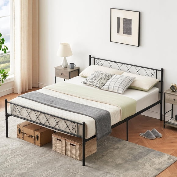 Ourlova Metal Queen Bed Frame Metal Platform Bed Frame with Headboard and Footboard Classic Bed Frame with Iron-Art Sweet Heart for Girls and Boys No Box Spring Needed Noise-Free Black