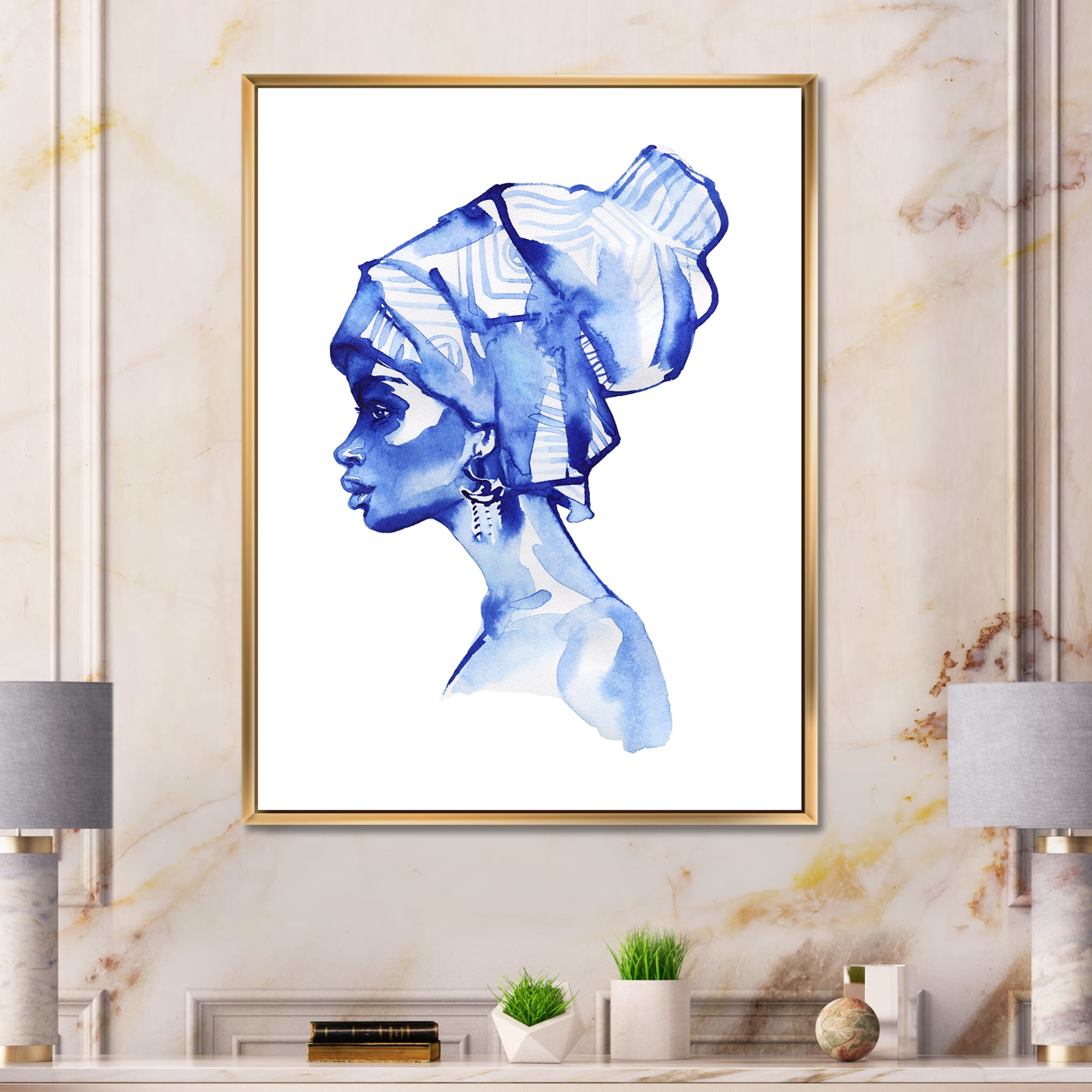 Designart 'Afro American Woman Blue Fashion Portrait' Modern Framed Canvas Wall Art Print