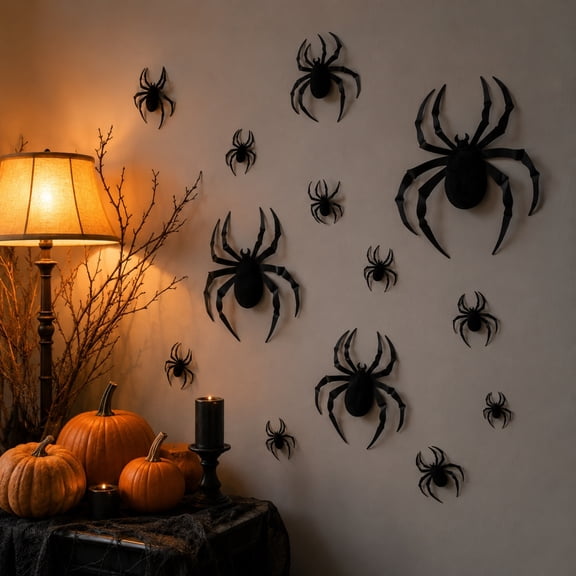 24Pcs 3D Black Spider Decals Halloween Decors, 3D Wall Stickers, Party Scene Decor, Self-Adhesive