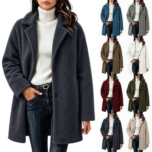 Plus Size Womens Business Casual Fleece Fall Jackets Trendy Mid-Length Oversized Winter Coats with Pockets Lapel Collar Button Down Outerwear