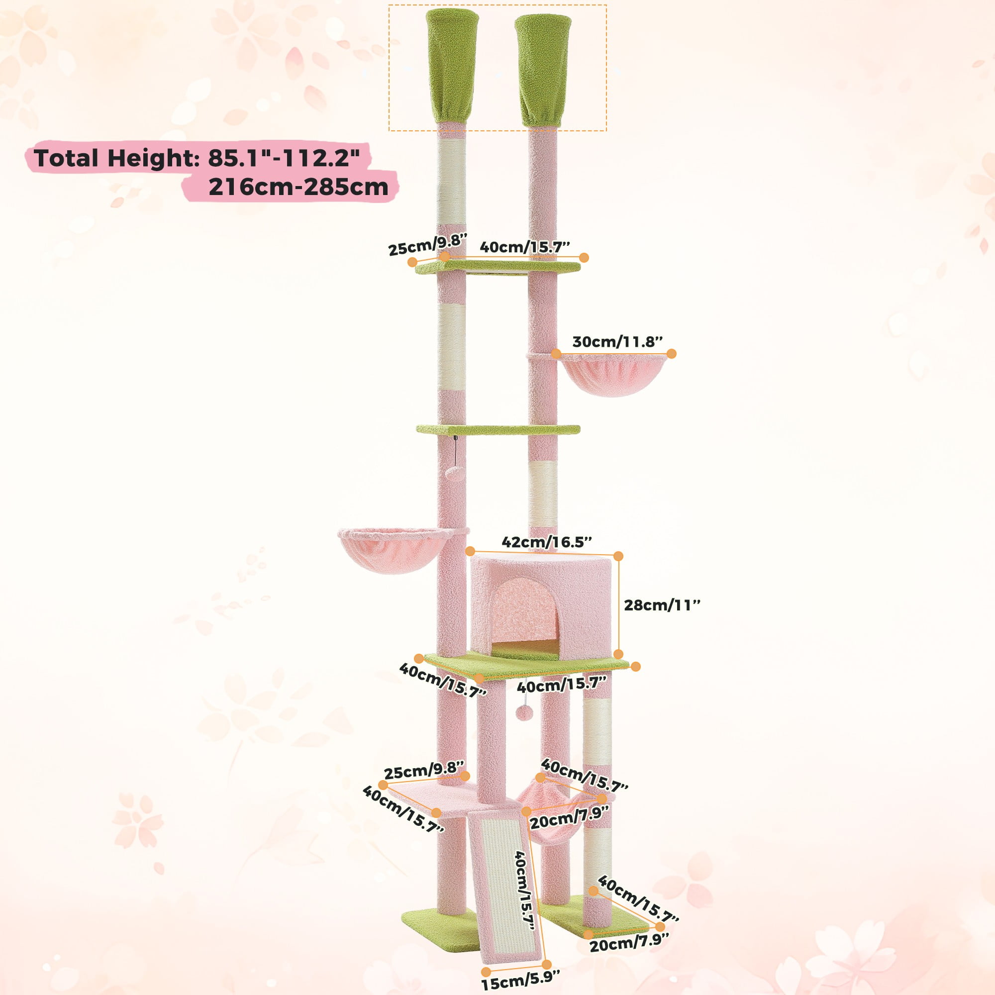 Pefilos Adjustable Height(85-112 in) Cat Tree Tower Floor to Ceiling with 7 Tiers Cat Climbing Activity Center, Cozy Hammocks, 5 Platforms for Indoor Cats, Pink Pefilos Adjustable Height(85-112 in) Cat Tree Tower Floor to Ceiling with 7 Tiers Cat Climbing Activity Center, Cozy Hammocks, 5 Platforms for Indoor Cats, Pink