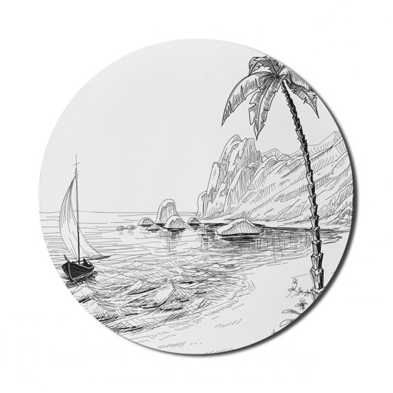 Black and White Mouse Pad for Computers, Sea Coast Beach with Palm Tree Boat and Hills Exotic Holiday Vacation, Round Non-Slip Thick Rubber Modern Gaming Mousepad, 8" Round, Black White, by Ambesonne