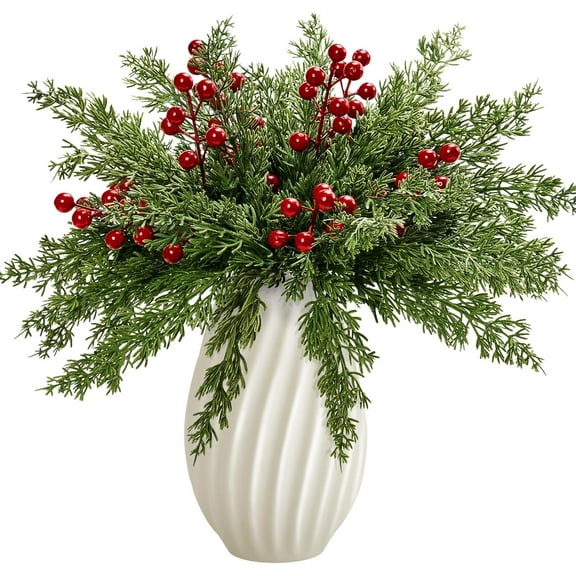 Dalrosia Christmas Artificial Pine Branches with Red Berry Stems, 10.5" Faux Evergreen Norfolk Pine Cypress Leaves Stems, Fake Foliage Pine Needles Picks for DIY Craft Garland Home Decor