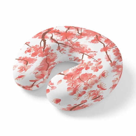 Neck Pillow Spring Red Cherry Blossoms Travel Pillow Memory Foam U Shaped Pillows, Japanese Floral Art Travel Neck Pillows for Airplane Car Office Home Sleeping Rest