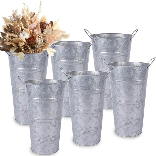 12 Inch Galvanized Metal Vases with Handles - 6 Pcs Farmhouse Decorative Metal Container for Flowers, Rustic Metal Bucket Planters for Wedding Decor (Silver)