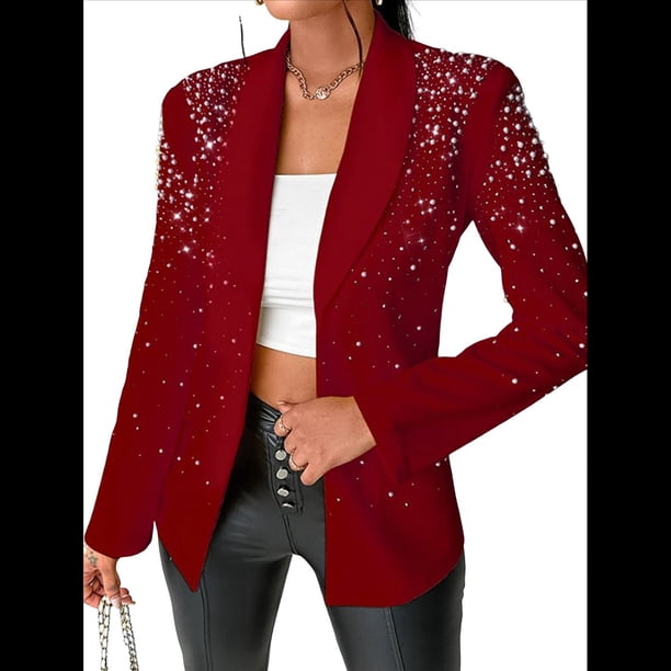 Blazer de Negocios para Mujer, Chaqueta de Traje de Larga con Abertura Frontal, Abrigo con Botones de Diamantes de Imitación, Ropa de Oficina Vino Tinto S