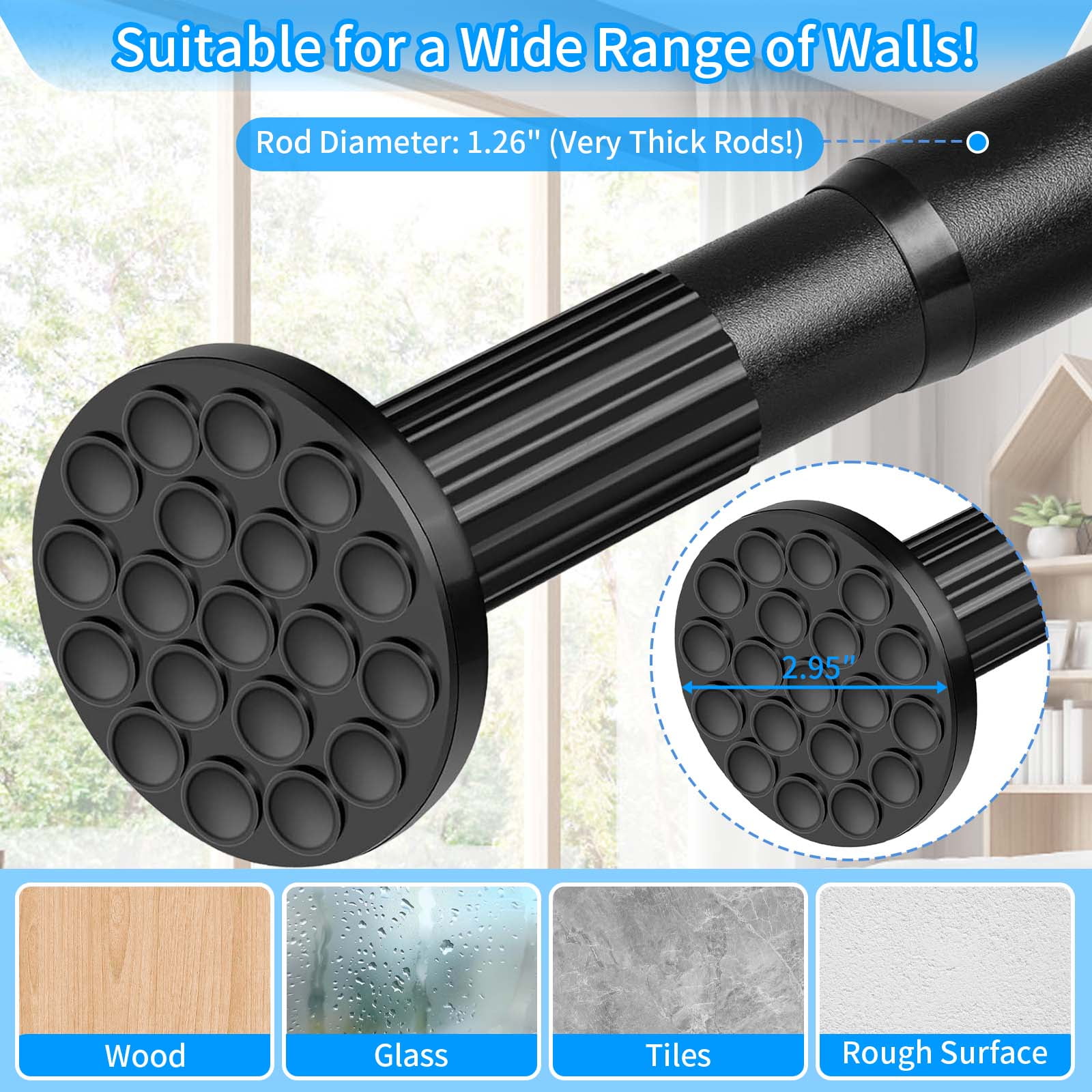 Ktinnead Tension Curtain Rod 51-128in, Extra Long Curtain Rods No Drilling for Window Bathroom Patio, Adjustable Spring Shower Curtain Rod, Rod Diameter 1.26in-Black