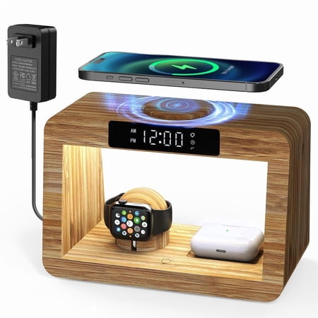 3 in 1 Wireless Charging Station with Digital Alarm Clock & LED Night Light, QI Wireless Phone Charger Compatible with iPhone 17 16 15 14 13 12 11 Pro Max X XS, Bedside Desk Charging Organizer,WHITE