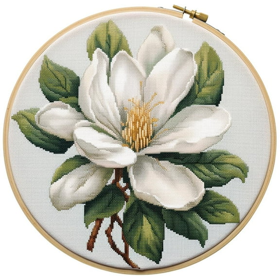 White Magnolia Flower Stamped Cross Stitch Kits for Beginners Easy with Hoop 11CT Needlepoint Embroidery DIY Counted Cross Stitch Kits Art Craft Wall Decor 35x35cm(3)