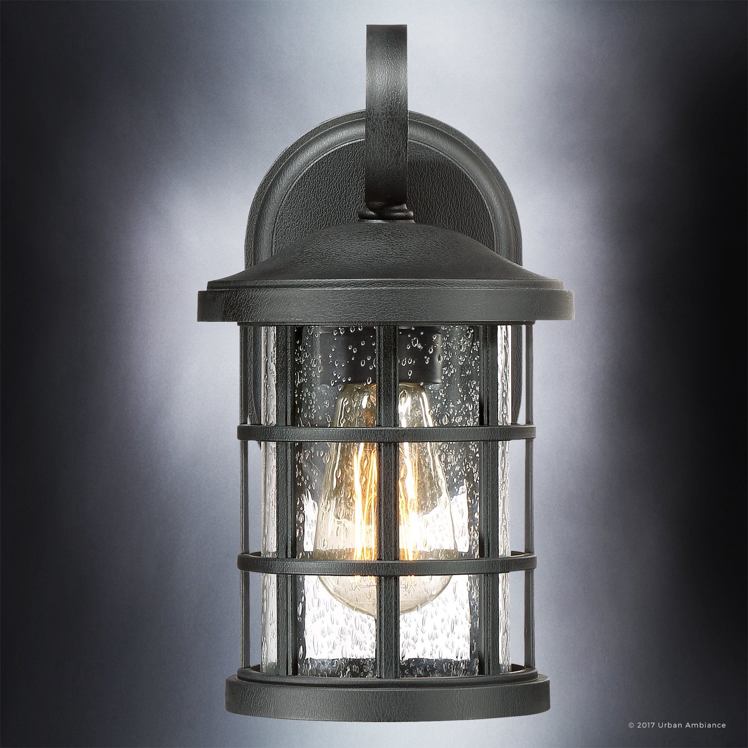 Urban Ambiance Luxury Craftsman Outdoor Wall Light, Small Size: 11"H x 6"W, with English Tudor Style Elements, Wrought Iron Design, Natural Black Finish and Seeded Glass, UQL1040