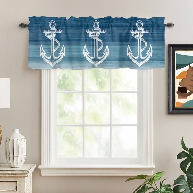 Unchor Rod Nautical White Anchor Rod Pocket Curtain Valance, Blue Gradient Ocean ...