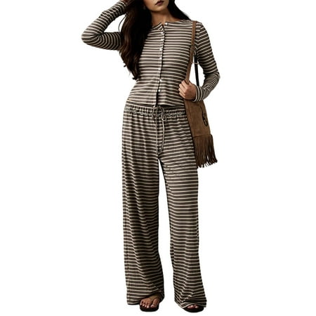 Womens Pajama Sets 2 Piece Sleepwear Soft Pajamas Long Sleeve Pjs Comfy Loungewear Brown L