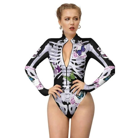 Halloween Floral Skeleton Bodysuit (M  MultiBlack)