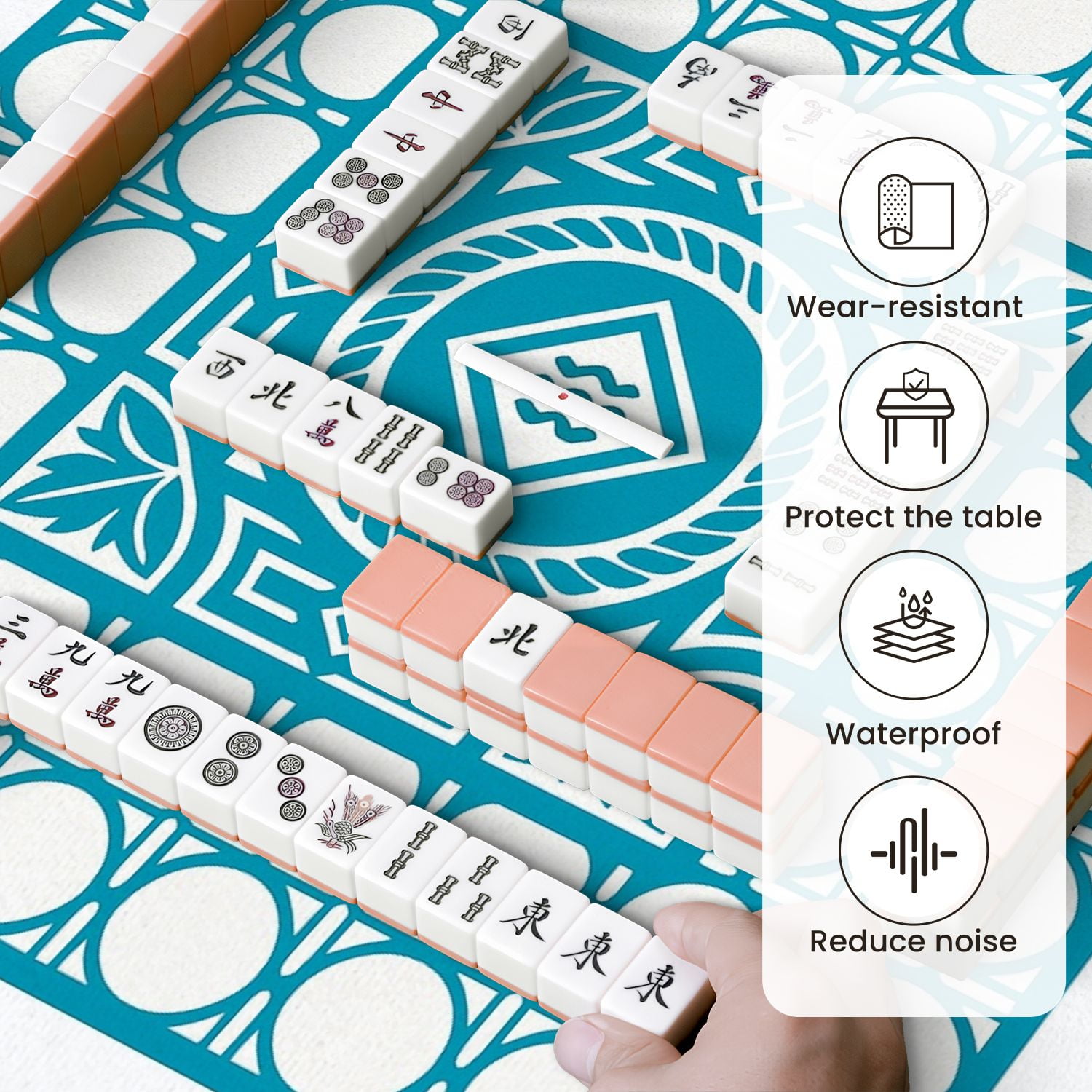 Mahjong Mat 31.5" x 31.5" Intricate Blue Geometric Rope Design Anti-Slip and Noise Reduction Symmetry Design Mahjong Tiles Table Cover for Dominoes Poker Card Board and Tile Games