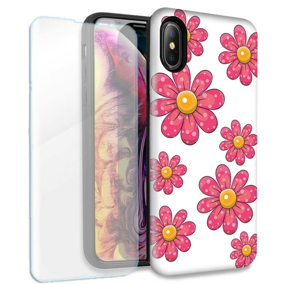 Mundaze Pink Daisy Flower Double Layer Case w/Glass Screen Protector For Apple iPhone X/XS