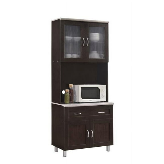 Kitchen Cabinet with Top & Bottom, Enclosed Cabinet Space, 1-Drawer & Plus Large Open Space for Microwave - Chocolate & Grey