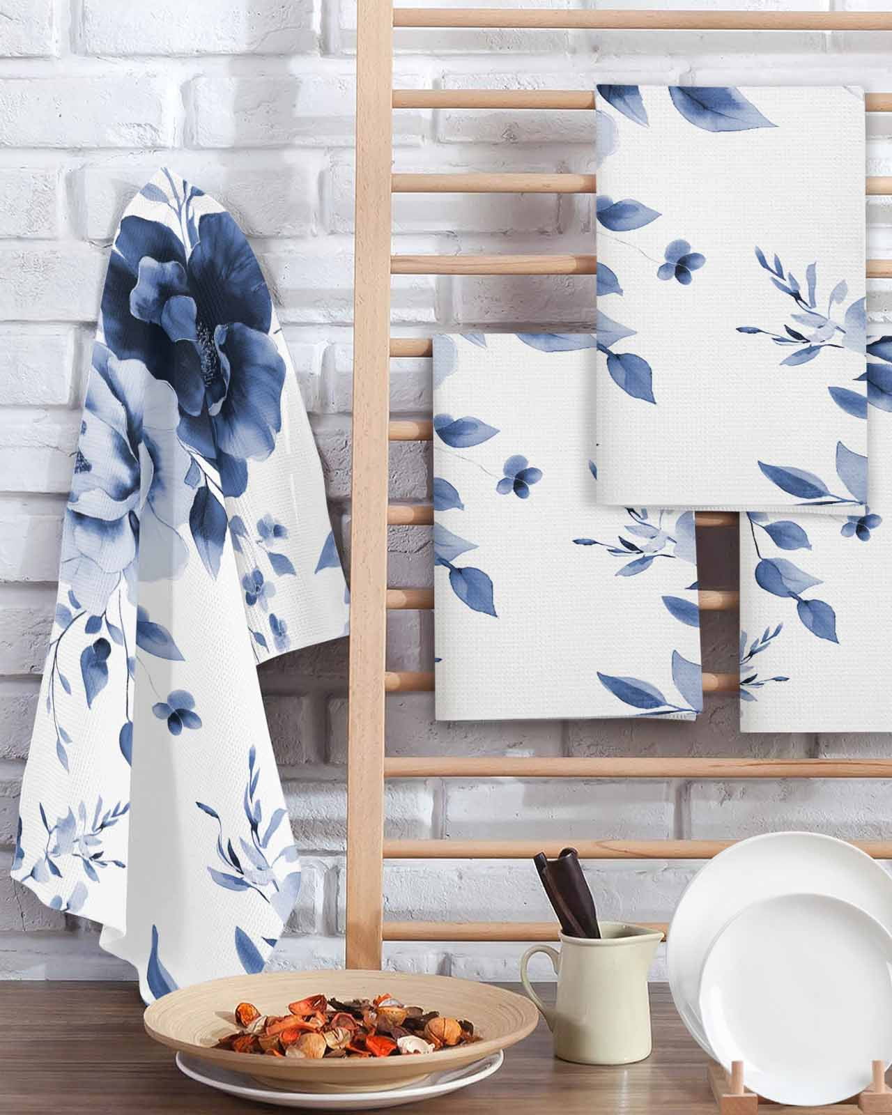 Blue Floral Art Kitchen Dish Towels for Drying Dishes Set of 4, Watercolor Botanical Spring Flowers Waffle Weave Microfiber Terry Hand Tea Bathroom Towels Quick Dry & Absorbent Towel 15.7x23.6