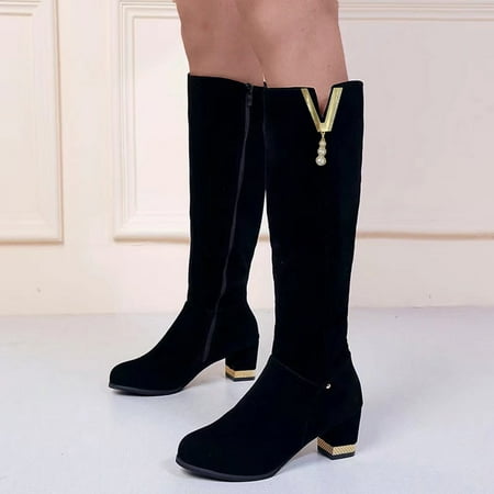 

LYCAQL Womens Shoes Womens Shoes Fashion Solid Color Suede Long Boots Pearl Rhinestone Thick Heel High Heel Knee Women s Knee High Boots (Black 7.5)