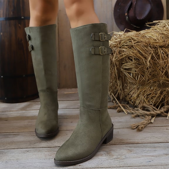 Willtoo Fall Winter Boots for Women Double Buckle Wide Calf Knee High Boots, Faux Suede Pointed Toe Stacked Block Heel Tall Boots, Side Zipper Casual Fall Winter Fashion Boots