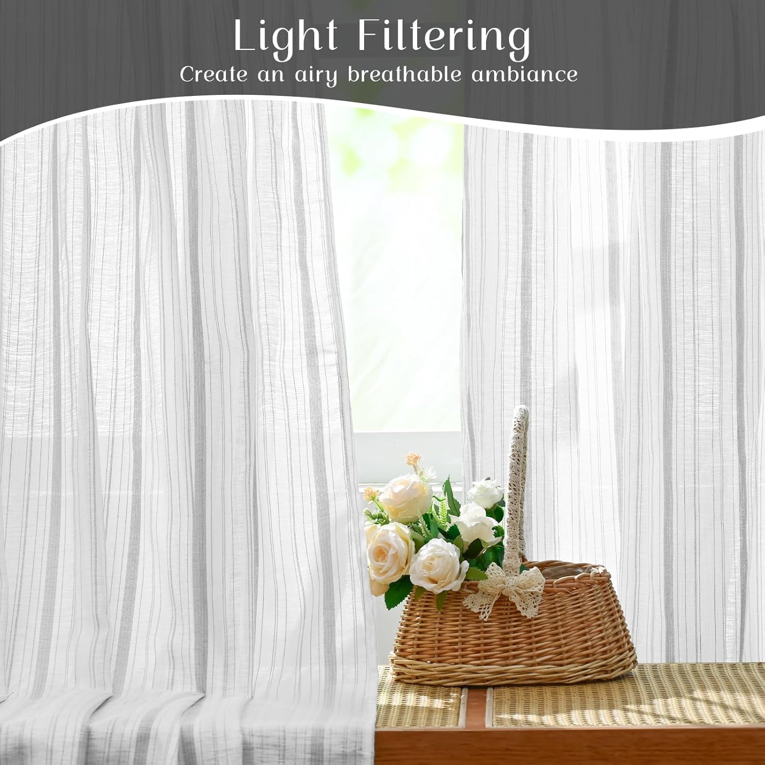 Alishomtll Boho Linen Light Filtering Curtains 63 Inches Long Farmhouse Rustic Striped Drapes Macrame Burlap ,Rod Pocket  ,Gray ,with Tassel