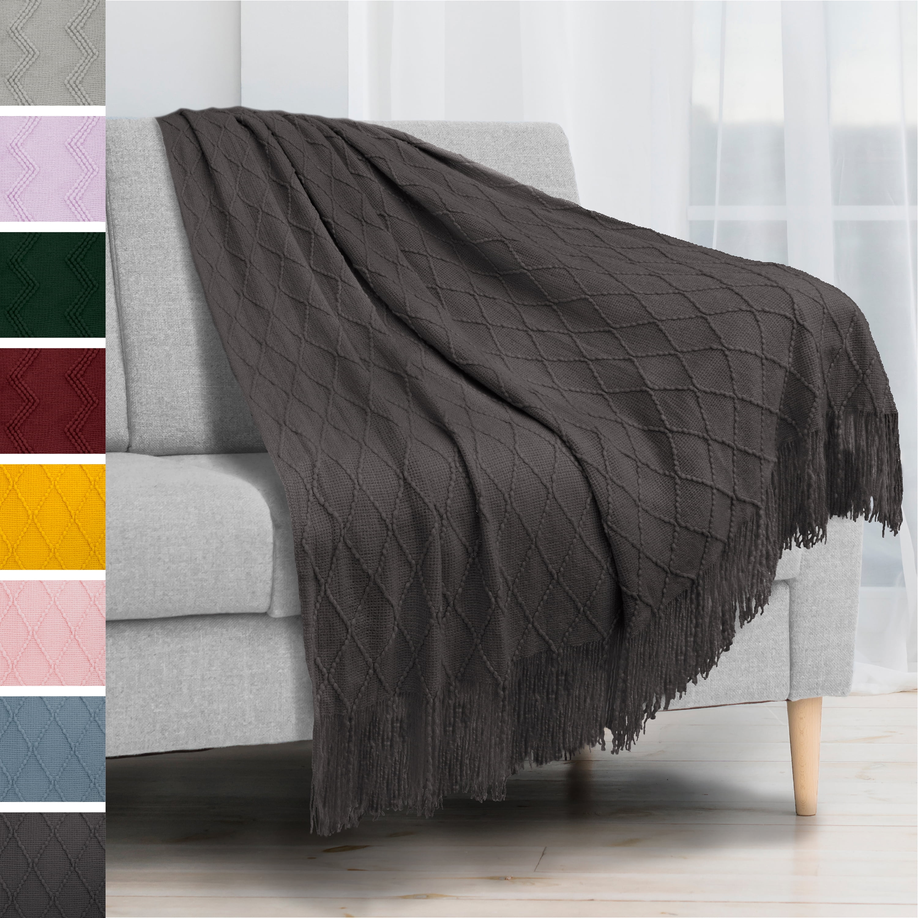 PAVILIA Textured Blanket Throw with Fringe Decorative Knitted Throw