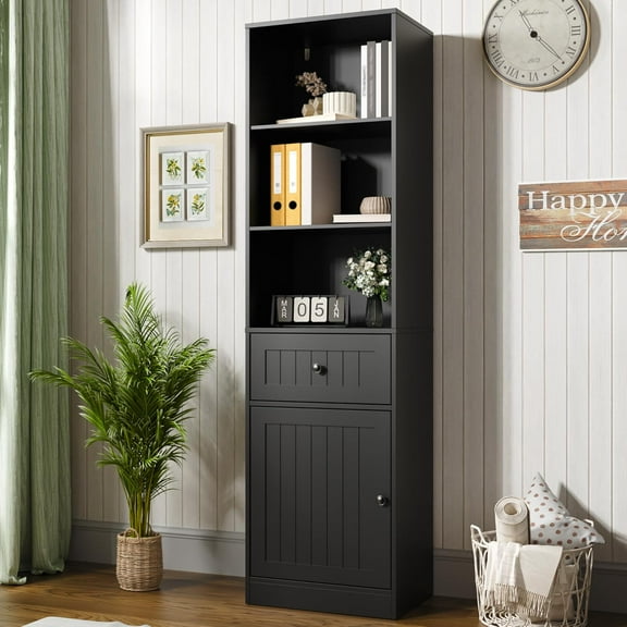 Farmhouse Bookshelf with Drawer, 71" Tall Narrow Bookcase with Adjustable Left/Right Door, Adjustable Shelf, Freestanding Display Book Shelf for Living Room,Bedroom, Office, Black