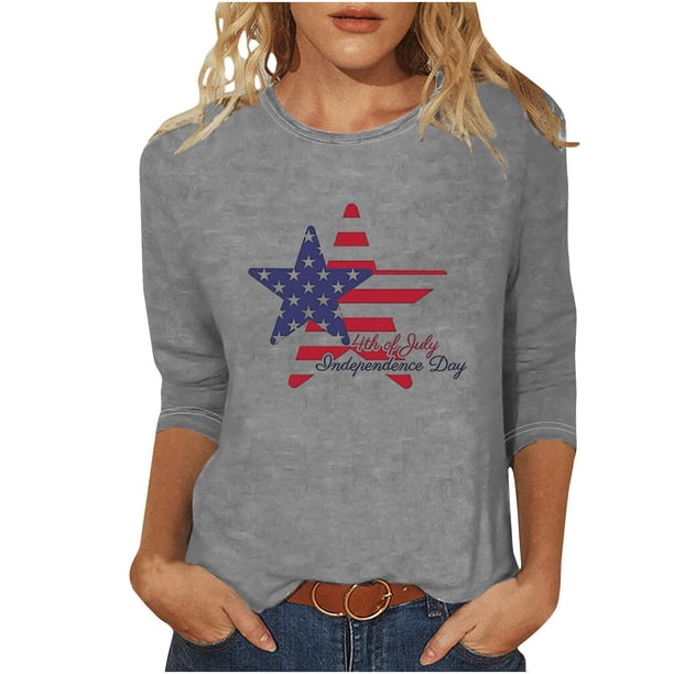Camisetas de Manga Corta para las Mujeres Día de la Independencia Impreso Suelto Cuello Redondo Tee, Casual Y Blusas Festivas para las Mujeres Casual