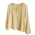thumbnail image 6 of Gauze Shirts for Women Cotton Linen Beach Cover up Long Sleeve V Neck Button Down Crinkle Breathable Summer Khaki L, 6 of 7