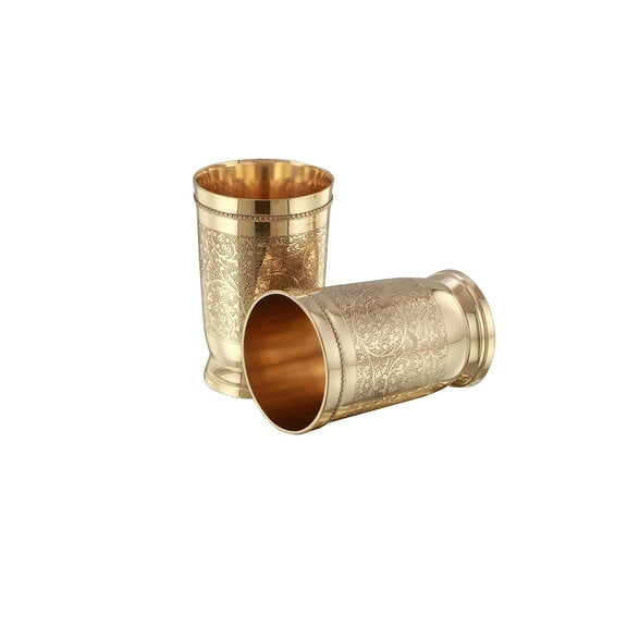 Pure Heavy Brass Mughlai Style Embossed Design Glass Tumbler with Many Ayurvedic Health Benefits (Set of 2)
