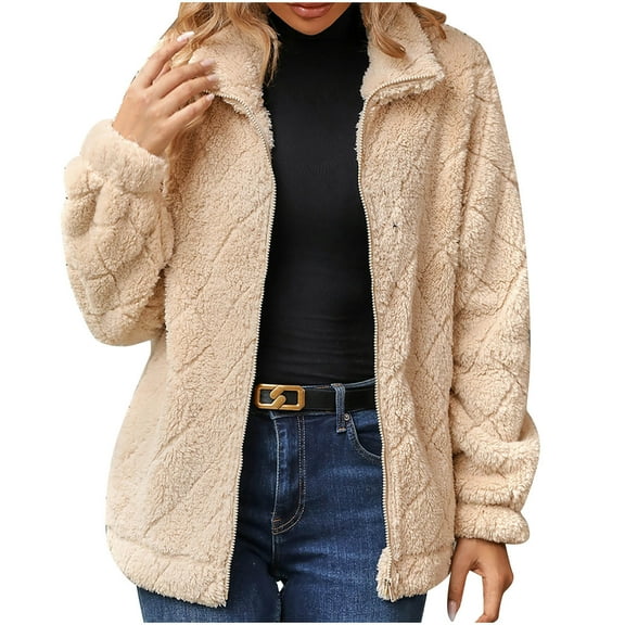 Lovskoo Womens Full Zip Up Fuzzy Fleece Jacket Stand Collar Winter Solid Color Long Sleeve Shrink Cuffs Loose Lapel Coats Outerwear Beige