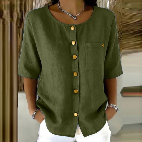 Women's Round Neck Short-Sleeved Button-Down Shirt Top, Casual Summer Blouse