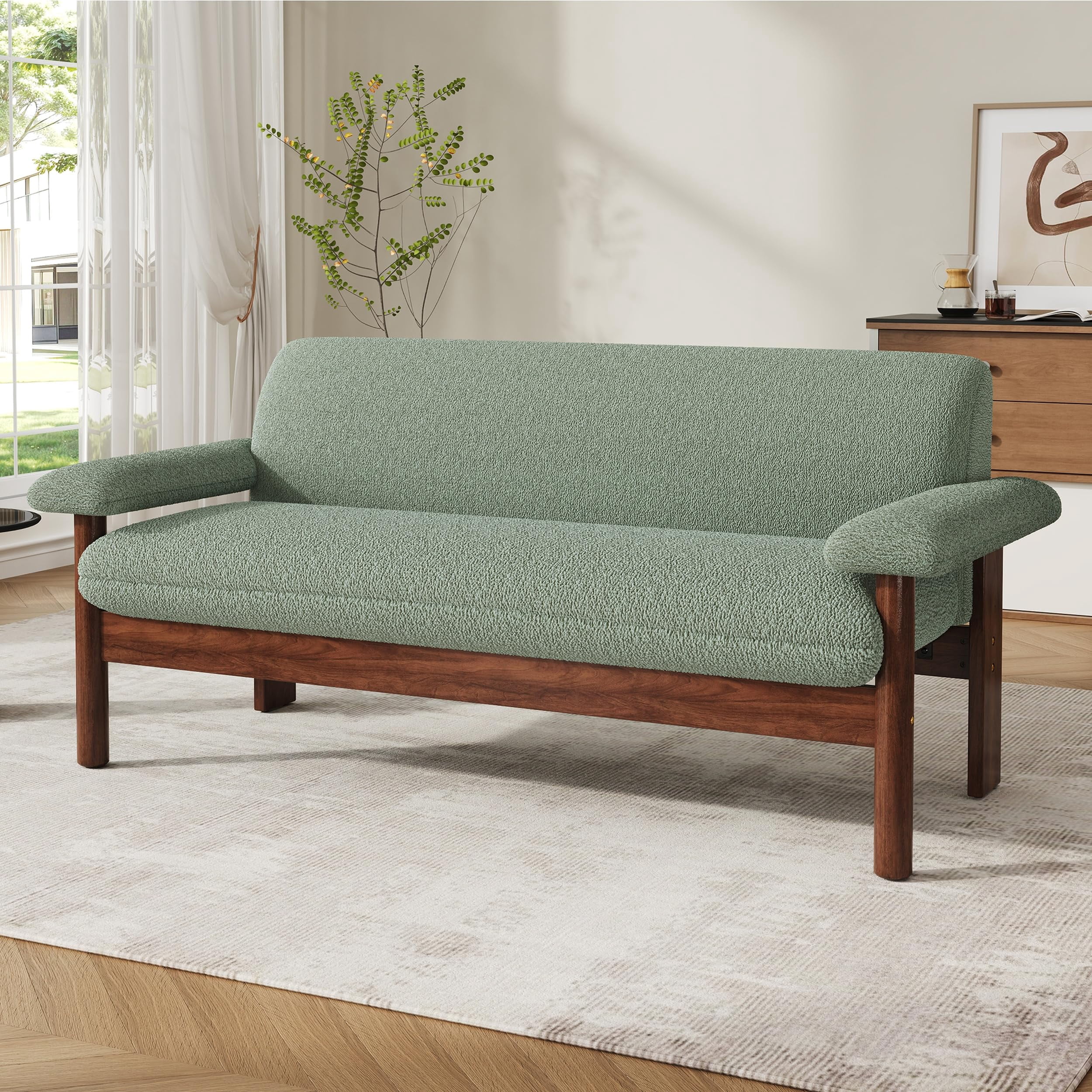 Modern 2-Seater Loveseat Sofa 72.8" with Armrest Pillows, Green Berber Fleece Couch for Living Room, Small Space, Solid Rubberwood Frame, Minimalist Style
