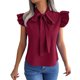 thumbnail image 1 of Blusas de gasa con cuello de pajarita de verano para mujer, blusas de moda elegantes de Color puro que adelgazan con cordones, camisas de manga con volantes para mujer, rojo vino S, 1 of 8