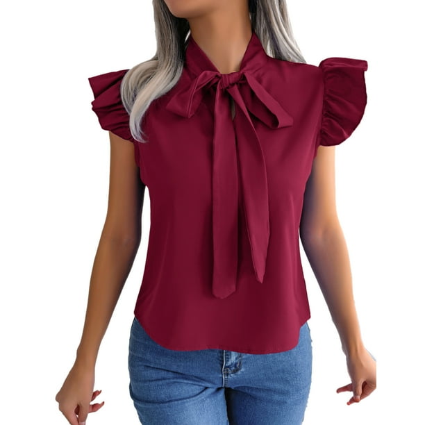 Blusas de gasa con cuello de pajarita de verano para mujer, blusas de moda elegantes de Color puro que adelgazan con cordones, camisas de manga con volantes para mujer, rojo vino S