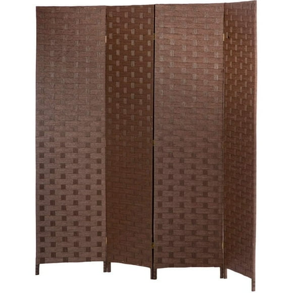 FDW Room Divider Wood Screen 4 Panel Wood Mesh Woven Design Room Screen Divider Folding Portable Partition for Home Office, Brown