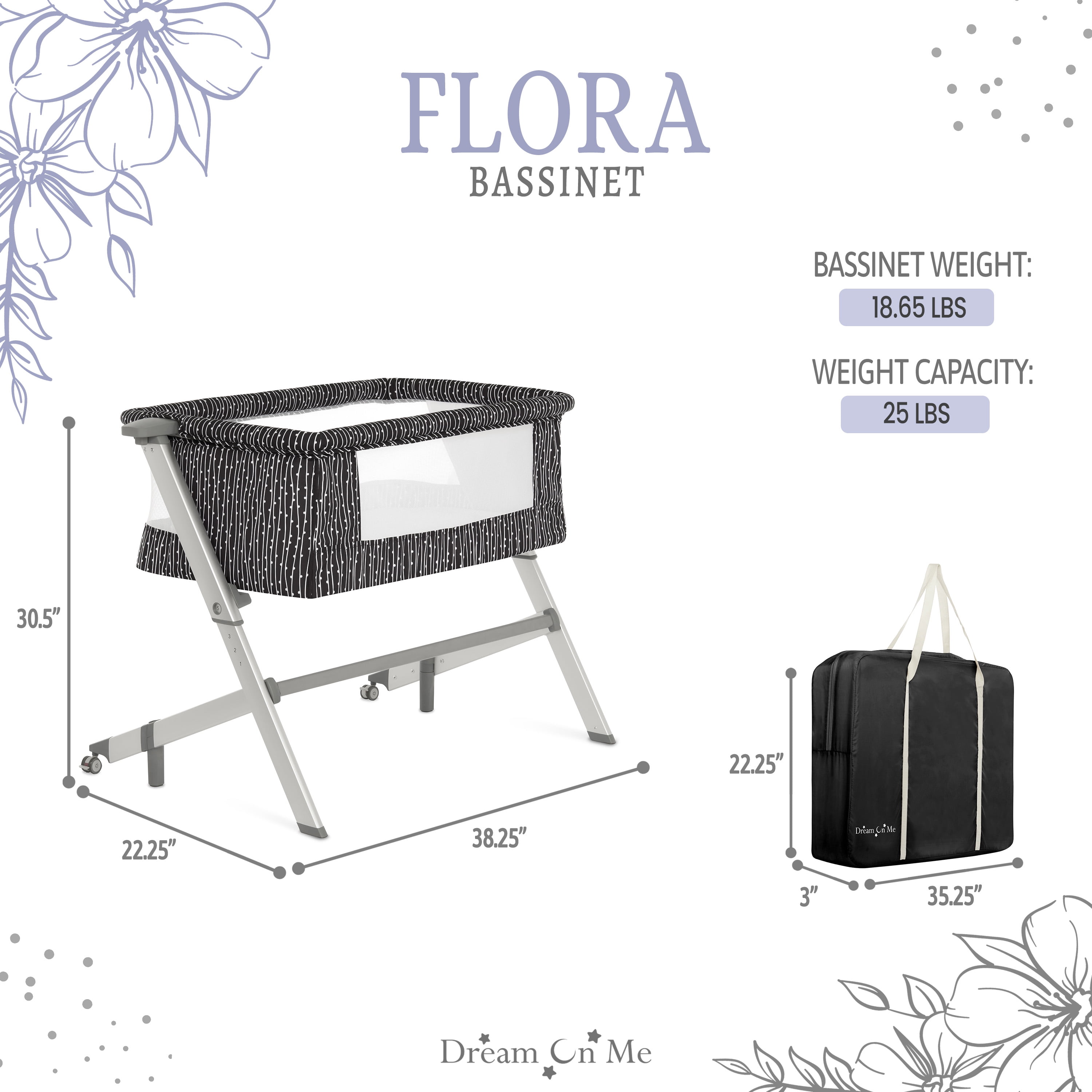 Dream On Me Flora Bassinet with Carry Bag , Compact & Modern, Black & White