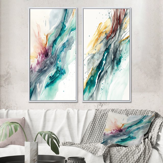 Designart "Turquoise Revelry - Shades of Blue Celebration III" Abstract Liquid Ink Framed Wall Art Set Of 2 - Modern Blue Gallery Wall Frame Set For Home Decor