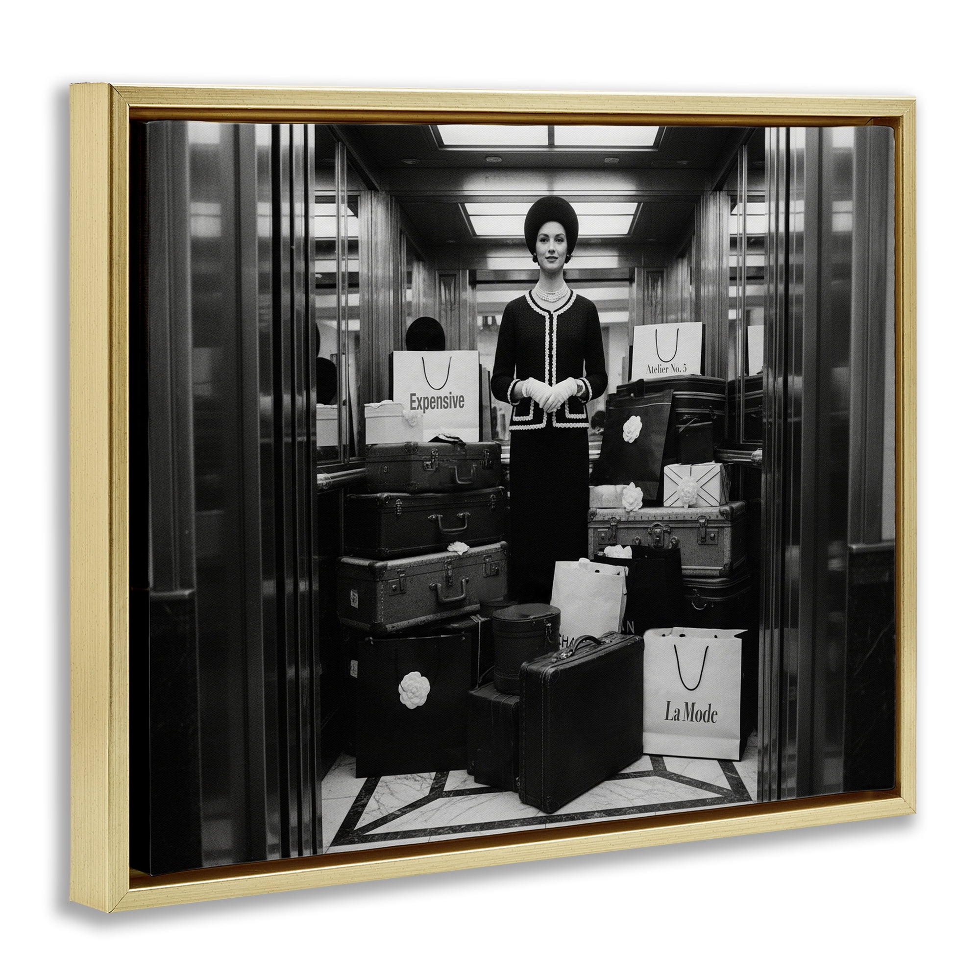 Stupell Industries Elevator Chic Shopping Gold Framed Floater Canvas Wall Art, design by A Barefoot Stylist