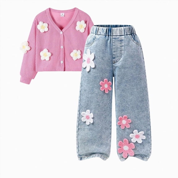 UAYOTSE Girls Fall Knit Sweater Jeans 2Pcs Set Fashionable School Daily Wear Outfit Size 6-7 Years