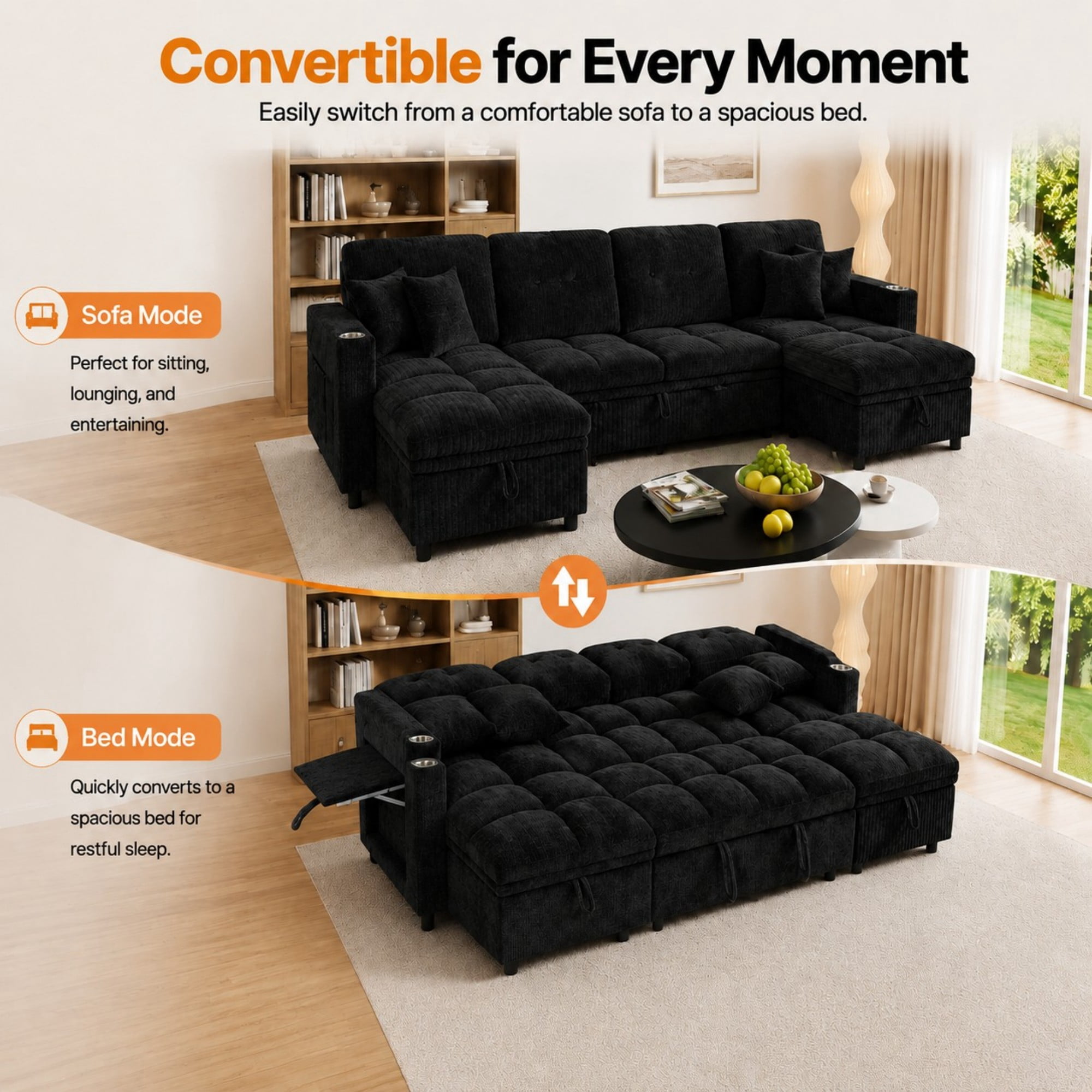 DEALTOPS 108" Chenille U-Shaped Sectional Pull Out Sleeper Sofa Bed with Storage Chaise, USB & Tray Table, Black