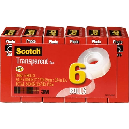 3M Scotch Moisture Resistant Transparent Tape, 3/4", 6 Count