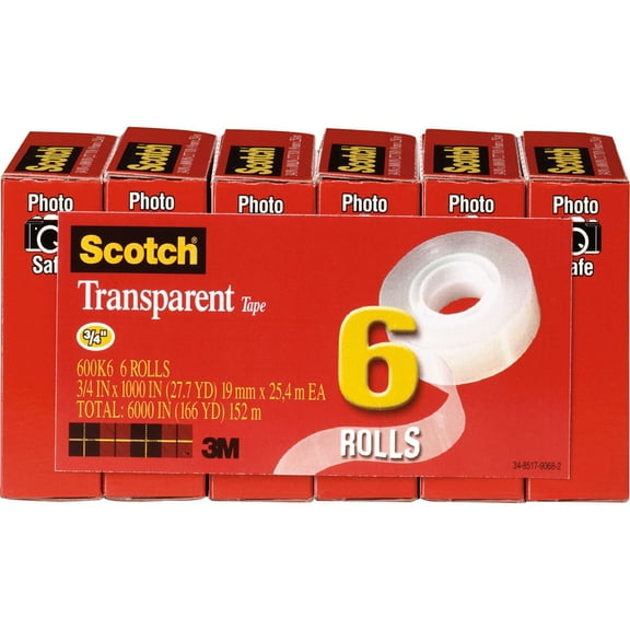 3M Scotch Moisture Resistant Transparent Tape, 3/4", 6 Count
