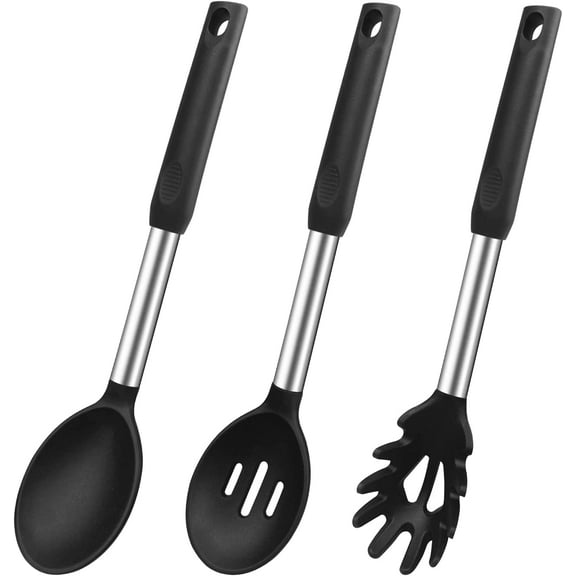 Large Silicone Cooking Spoons, 3 Pack Nonstick Solid Slotted and Spaghetti Spoon Set, Heat Resistan Silicone Kitchen Spoons for Cooking, Serving, Basting, Mixing, Black