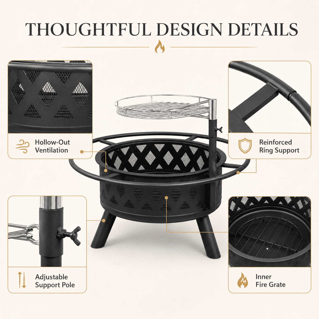 Seizeen Fire Pit with Grill, Metal Fire Pit for Outside Hollow-out Design, Wood Burning Outdoor Fireplace with Poker for Backyard Patio Garden, 30"