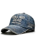 thumbnail image 3 of Still Not Dead Embroidered Distressed Baseball Cap, Hardcore Style Dad Hat for Men and Women, Washed Cotton Adjustable Vintage Cap for Daily Wear and Rebellious Fashion Statements - Navy, 3 of 5