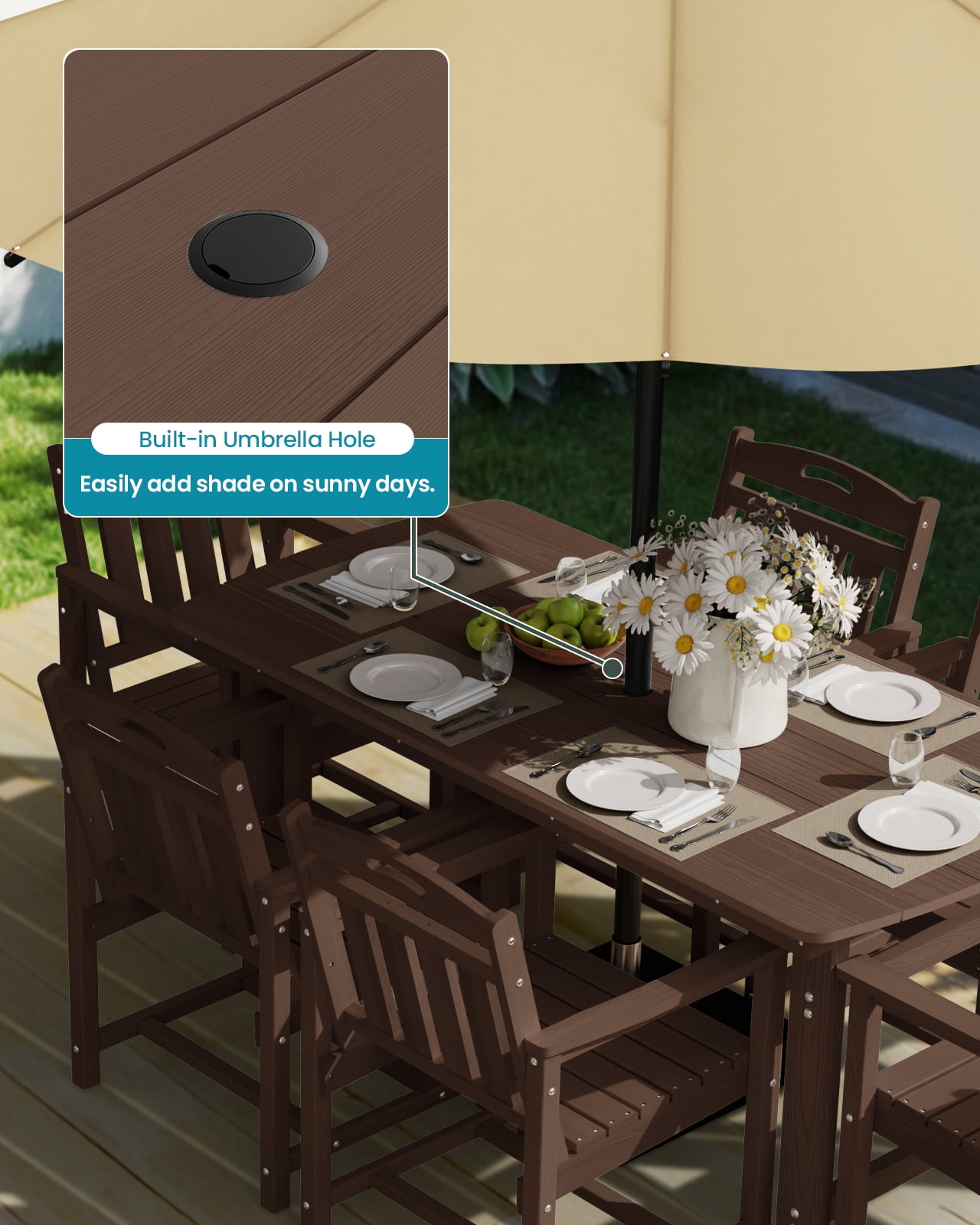 Harbweb 7pc HDPE Outdoor Dining Set, All-Weather Wood Grain Patio Furniture, Brown